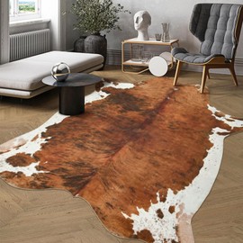 DweIke Premium Faux Cow Hide Rug Cowhide Area Rug, 6.2 x 5.2ft Animal Print Fur Rug Suitable for Bedroom Living Room, Western Decor Carpets for Dining Room Office, Animal Skin Area Rug, Brown