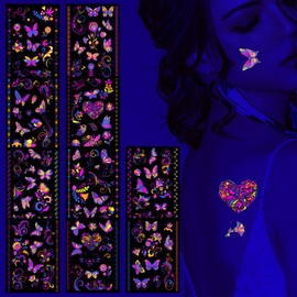 GGUFAY Set of 10 Butterfly Temporary Tattoos, Black Light Party Matching, Colourful Tattoos for Men & Women, Ideal for Club, Party, Disco and Festivities
