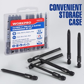 WORKPRO 10pcs Slotted Phillips Screwdriver Bit Set, S2 Steel Magnetic Screwdriver Bits Set, CNC Machined Tips, 1/4 Inch Hex Shank Driver Bits, 3 Inch Long Screwdriver Bits Set with Storage Box