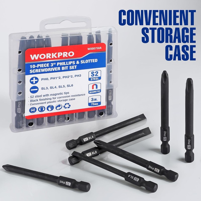 WORKPRO 10pcs Slotted Phillips Screwdriver Bit Set, S2 Steel Magnetic