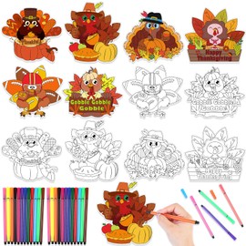HOWAF Thanksgiving Coloring Crafts with 24 (12 Colors) Paint Pens, Color Your Own Happy Thanksgiving Cards Turkey Gobble Gift Cards for Thanksgiving Party Favors Classroom Home Activity 24pcs