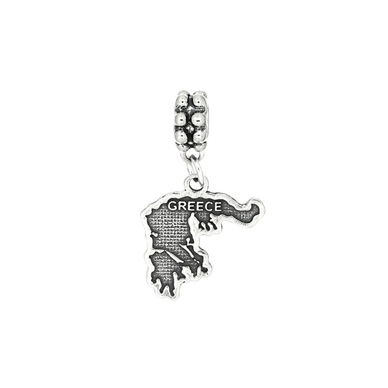 LGU Sterling Silver Oxidized Greece Textured Map Dangle Bead Charm