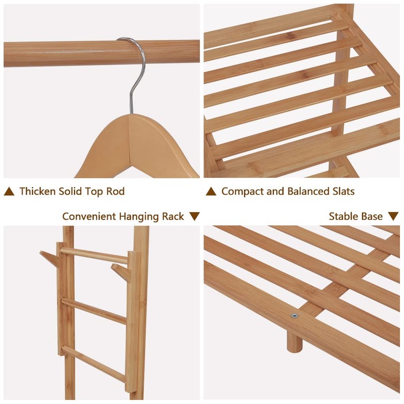Ufine Bamboo Garment Rack 6 Tier Storage Shelves Clothes Hanging