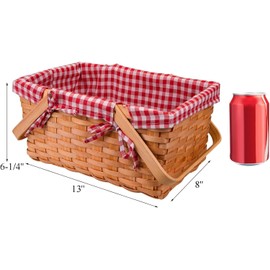 Bekith Picnic Basket Natural Split Shopping Storage Basket Woven Hamper Storage with Double Folding Handles, Pink Lining