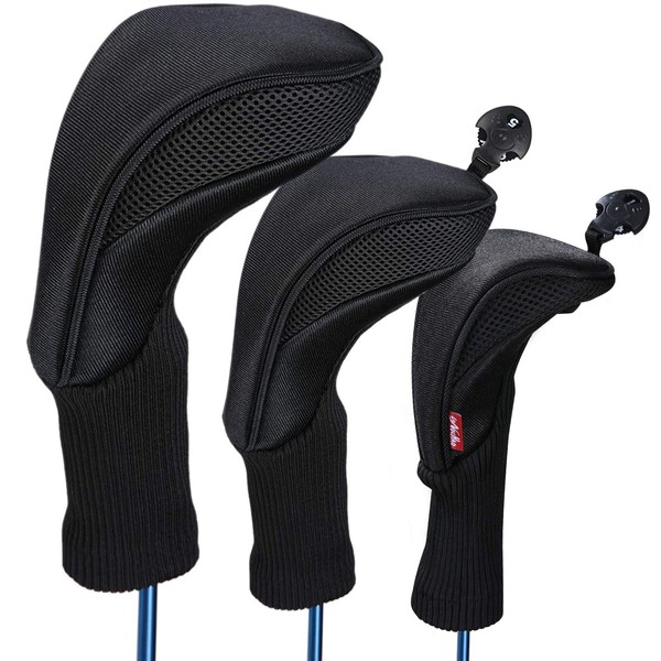 Black Golf Club Head Cover for Driver Fairway 3 Pcs Woods Headcovers, Golf Accessories Hybrid Head Covers Set with Interchangeable Tags 3 4 5 7 X (Black)