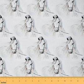 Feelyou White Horse Upholstery Fabric for Chairs, Farmhouse Animal Horse Print Fabric by The Yard, Watercolor Horse Lover Decorative Fabric for Upholstery and Home DIY Projects, 1 Yard, White
