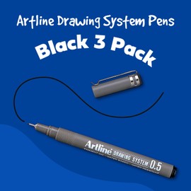 Artline 230 Drawing System Fineliner Pens, Art Technical Drawing Sketch Pens, Ideal for Drafting, Illustrating & More, Black, 0.1mm, 0.3mm, 0.5mm Fine Tips, 3-Pack