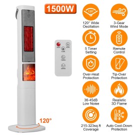 1500W Oscillating Ceramic Tower Space Heater 3D Flame Portable Electric Fireplace 3 Wind Modes Remote Control 5 Timer Optionscolor: White Color