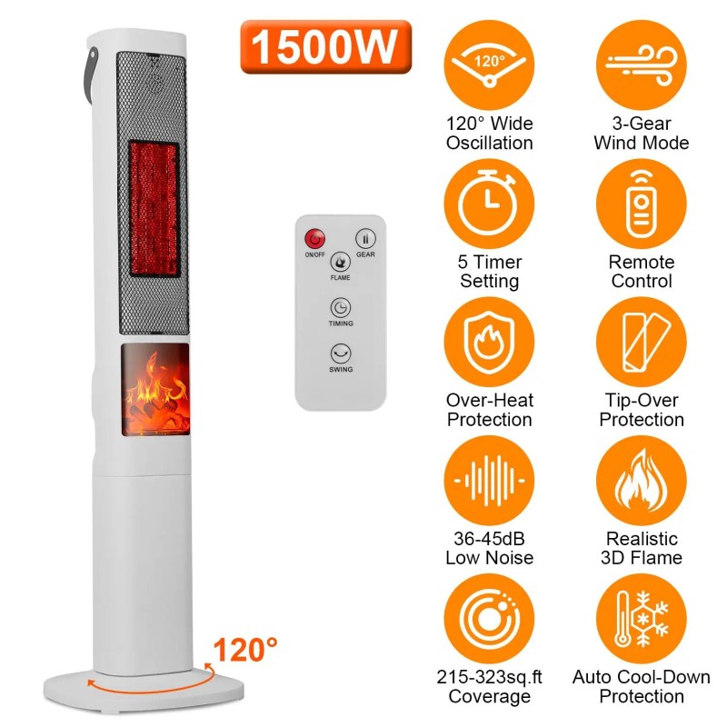 1500W Oscillating Ceramic Tower Space Heater 3D Flame Portable Electric