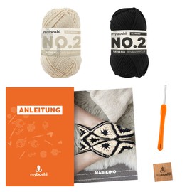myboshi Habikino Crochet Set Slippers Size 38/39 Including No. 2 Wool, Needle and Instructions Crochet Pack, 85% Cotton, 15% Kapok Black with Crochet Hook