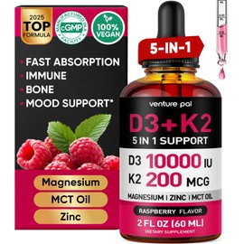 Venture Pal 5-in-1 Vitamin D3 10000 IU & K2 as MK-7 200mcg with Magnesium, MCT Oil, Zinc, Sugar-Free Vitamin D Liquid |Maximum Absorption for Bone, Mood & Immune Health - 2 FL OZ, 60 Days