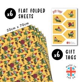 Gelbes Geschenkpapier – Gnome Life – 6 Blatt Geschenkpapier für Geburtstag, Weihnachten – inkl Etiketten – recycelbar – lustiges Geschenkpapier für Mama, Papa, Oma, Großvater, Onkel