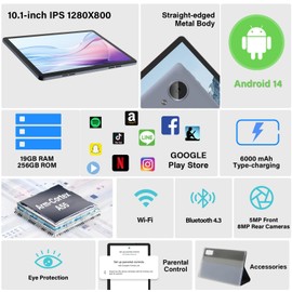 Android 14 Tablet 10.1 inch 19GB RAM + 256GB ROM 1TB Expand, 1280x800 IPS HD creen, 5MP Dual Camera, 6000mAh Battery Powerful Performance Tablets 2025, GMS, WiFi (Grey)