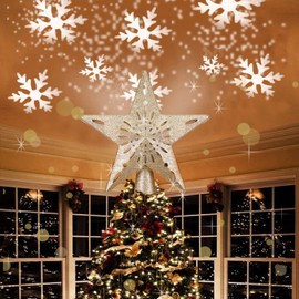 Artmag Christmas Tree Topper with 3D Glitter Adjustable Rotating White Snowflake Projector Lights,Lighted Star Christmas Tree Topper for Christmas Tree Decorations (Gold)