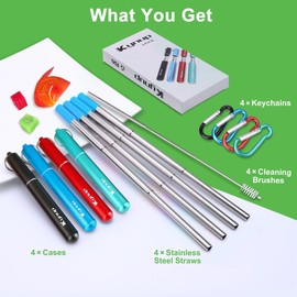 Kynup - Paquete de 4 popotes reutilizables, pajitas de metal con silicona, pajitas de viaje con funda, llavero, cepillos de limpieza, piezas de silicona perfectas para viajes, regalos (20 piezas