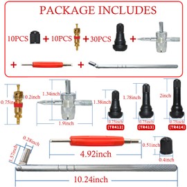 Z-oneMart Valve Stem Puller Installer Tool, 10pcs TR412,10pcs TR413,10Pcs TR414 Snap-in Valve Stems & Caps,10pcs Copper Valve Stem Cores, 4 Way Valve Core Remover & Dual Single Head Valve Core Remover