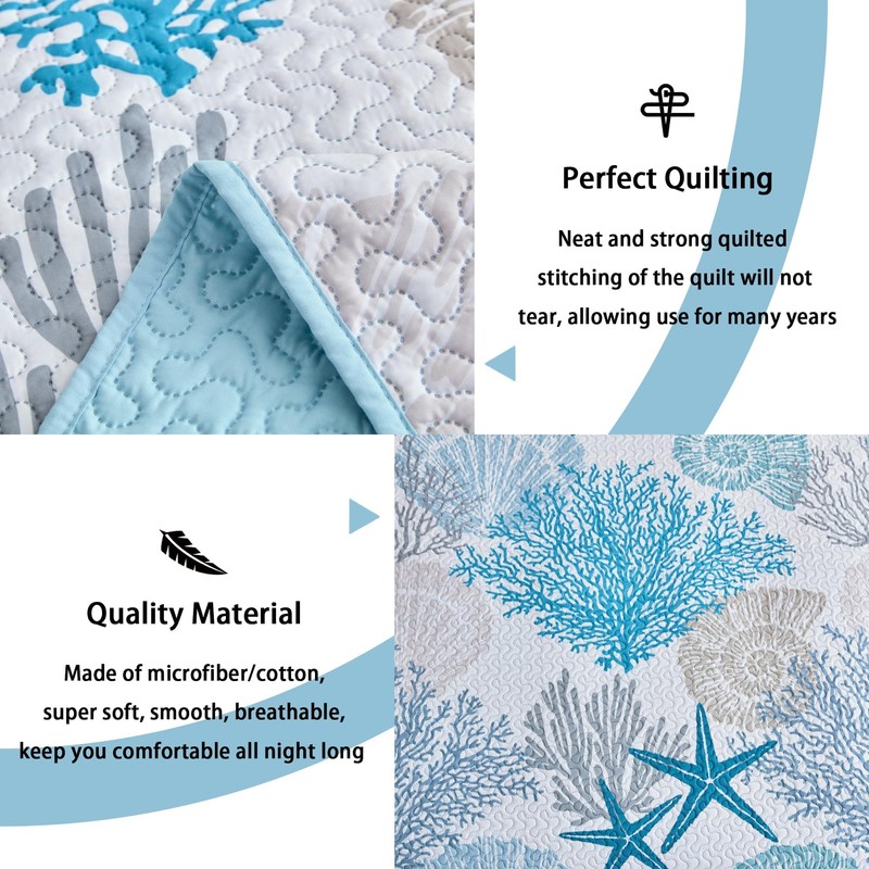 Tritard 3 Piece Coastal Quilt Sets King Size - Reversible