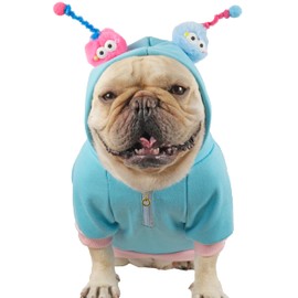CHEERTAILS - Disfraz de bulldog francés para perros pequeños y medianos, ropa de Frenchie para perro, disfraces de Halloween, suéteres de invierno con capucha para perros y gatos, camisa azul, M