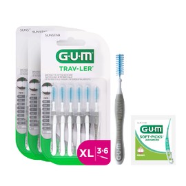 GUM TRAV-LER Professional Interdental Brushes, Bristles with Antibacterial Protection, Coated Wire, Ergonomic Handle, 3 x 6 Pieces (with 1 Free Sample)
