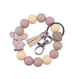 tenghong2021 Cute Highland Cow Keychain Elk Goat Wristlet Cattle Gifts Tassel Key Ring Bead Bracelet for Women Girls (Moose(Taupe))