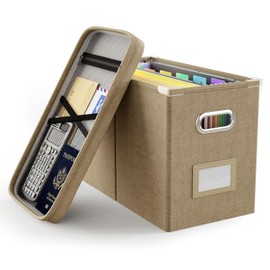 Oterri File Organizer Box with Lid, Hanging Filing File Box with Mesh Pocket, Document Organizer Box for Letter Files, Portable Storage Box with Smooth Sliding Rail for Office&Home(1 PCS, Khaki)