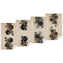 ZHAMEN 4 Pcs Black Rose Kitchen Towels, Dark Aesthetic Decorative Absorbent Microfiber Dish Cloth Tea Towel, Vintage Waffle Soft Hand Towels for Farmhouse Home Bathroom, Rose Gifts