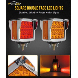 Partsam Pair Truck Trailer 52 LED Red/Amber Square Double Face Pedestal Fender Stop Turn Tail Lights Three Stud Mount Bezel Visor Waterproof Replacement for Peterbilt/Kenworth/Freightliner Trucks