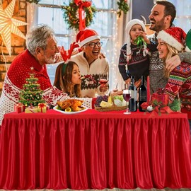 Albassa Polyester Table Skirt for Rectangle Tables Wrinkle Resistant Pleated Ruffle Table Cloth for Banquet, Wedding, Baby Shower, Display Gift Dining Table (Red, 14ft, 168in(L) X30in(H))