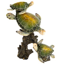 Sea Turtle Statue Triple Turtles Swimming on a Coral Reef Base Sea Coral Decor for Home Tabletop Collection (Green)