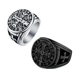 LAOYOU 2Pcs Men's St Benedict Ring Silver Black Stainless Steel Christian Catholic Saint Benedict Exorcism Rings Pack Gift Cross Demon Protection Ghost Hunter CSPB Amulet Jewelry for Men Dad Size 11