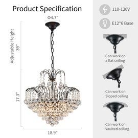 WUZUPS Crystal Chandelier Pendant Flushmount Ceiling Light Modern Lighting Fixture for Bedroom Hallway Bar Kitchen Bathroom, H 17.3" x W 18.9", Black, E12 Base