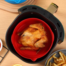BesoAbrazo 1-Piece Reusable Air Fryer Silicone Tray, Food Safe Non-Stick Silicone Insert Bowl Fits 3 to 5 QT Airfryer, Replacement for Parchment Paper Liners (7.5Inch, Round, Red)