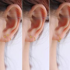 Small Hoop Earrings, Ball Cute Half Huggie Hoops Sterling Silver Cartilage Hoop Earrings for Women, Yellow Gold, No Gemstone