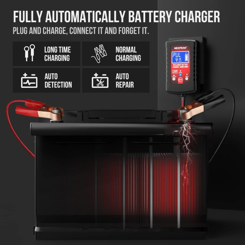 Nexpeak 1.75-Amp Car Battery Charger, 6V and 12V Smart Fully
