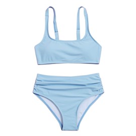 OYOANGLE Traje de baño deportivo de 2 piezas para niña, cintura alta, para adolescentes y niños, Azul/claro, 11 Años