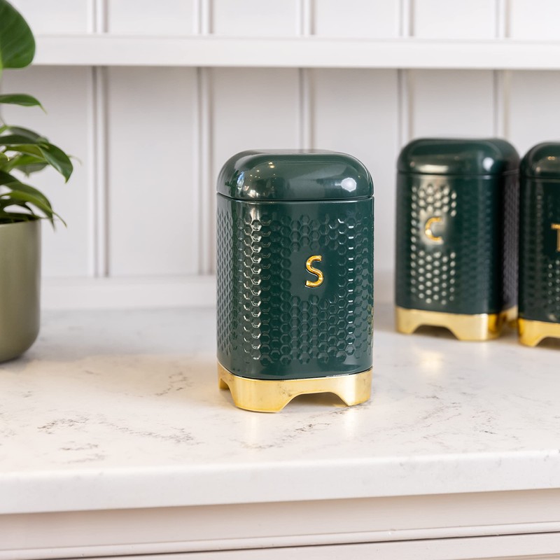 KitchenCraft Sugar Storage Canister with Lid, Hunter Green & Gold,