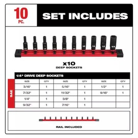 10 PC 49-66-7001 for Milwaukee 1/4" Drive SAE 6 Point Deep Impact Socket Set