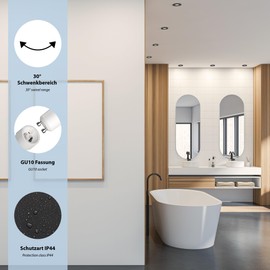 ledscom.de ERID Bathroom Ceiling Mounting Frames for Wet Rooms, IP44, Round, Swivelling, Matte Black, Includes GU10 Socket, Pack of 6