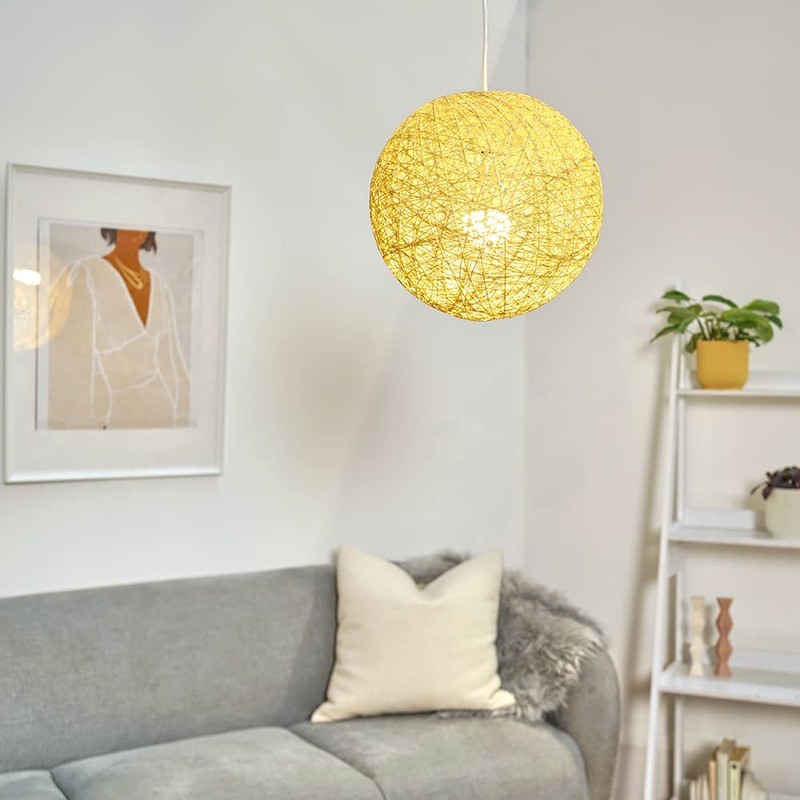 Modern Medium Cream Lattice Wicker Rattan Globe Ball Style Ceiling