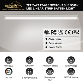 2FT LED Linear Strip Emergency Stairwell Light, 2 Watt Selectable, 10W/20W, 1250lm/2500lm, Battery Backup, 5000K, IP20, 0-10V Dimmable 2 Foot Flush Mount Commercial LED Shop Ceiling Light Fixture, ETL