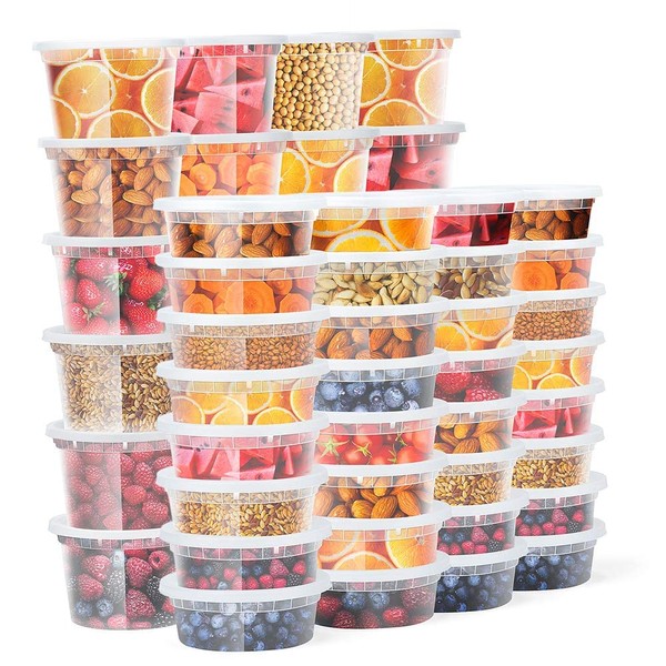 Glotoch 48 Pack (Mixed) 8 oz. and 16 oz. Plastic Containers with Lids, Leak Proof Deli Containers, Meal Prep Soup Containers, BPA Free, Reusable, Freezer Dishwasher Microwave Safe, Mixed sizes