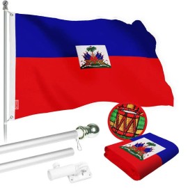 UD_G128 Combo Pack: 6 Ft Tangle Free Spinning Flagpole (Silver) & Haiti Flag 3x5 Ft Embroidered 220GSM Spun Polyester, Brass Gro