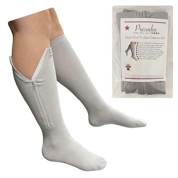 Presadee Closed Toe Grey 20-30 mmHg Zipper Compression Calf Leg Circulation Sock (L/XL)