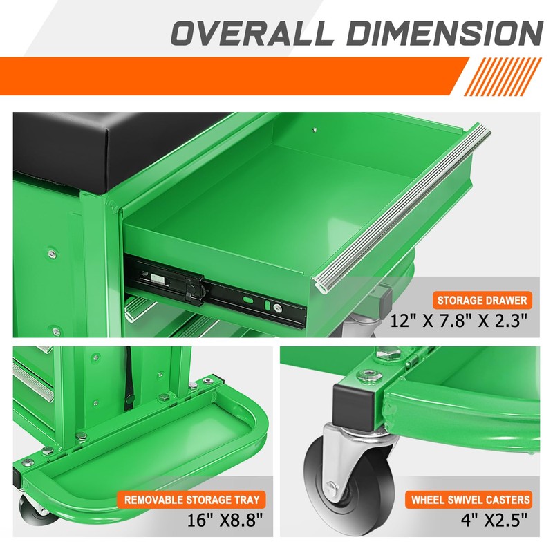 PM PERFORMOTOR 3-Drawer Tool Chest Rolling Mechanic Seat with Tool