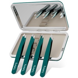 Upgraded Sharp Precision Tweezers for Facial Hair & Chin Hair, Slanted Design for Women & Men Eyebrow Plucker, Great with Travel Mirror Case (Green)