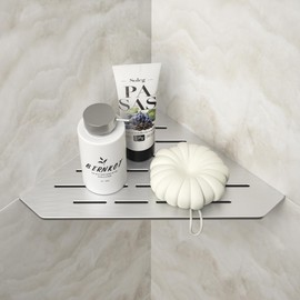 Bernkot Bernkot Corner Shower Shelf 10" Brushed 304 Stainless Steel Pentagonal Heavy Duty Floating Corner Shelf Slot Design Recessed Bathroom Shelf for Tiled Wall, No Drilling Needed