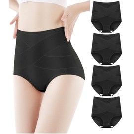 FancyTwig Women's Stylish High Waisted Cotton Breathable Thin Underwear Full Coverage Tummy Control Briefs 4 Pack (US, Alpha, Large, Regular, Regular, Black,Black,Black,Black)