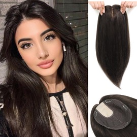 GULALUUK Hair Toppers for Women Real Human Hair Hair Pieces for Women Human Hair Toppers No Bangs 7.5x8 inch Lace Base Clip in Topper Wiglets Hairpieces for Thinning Hair 15 inch Dark Brown