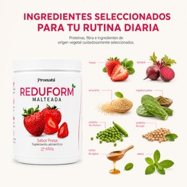 REDUFORM Malteada Fresa | Suplemento Alimenticio | Proteína Vegetal con Amaranto y Nopal | 8 g de Proteína por Porción | Sin Azúcar Añadida | 630 g (2