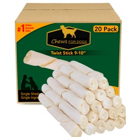 Chews for Dogs Premium Rawhide Twist Sticks 9-10 Inches Dog Treat. Extra Thick, Single Sheet. (20 Pack)